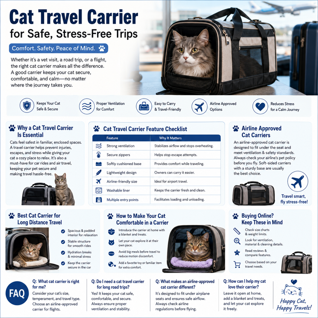 Cat travel carrier for safe and stress-free trips with airline-approved pet carrier features infographic