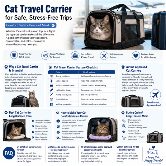 Cat travel carrier for safe and stress-free trips with airline-approved pet carrier features infographic