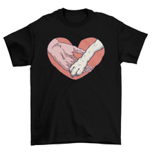 Animal paw and human hand in heart t-shirt