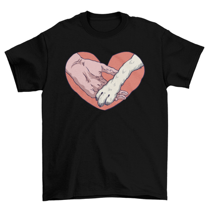 Animal paw and human hand in heart t-shirt