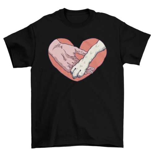 Animal paw and human hand in heart t-shirt