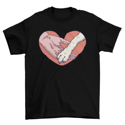 Animal paw and human hand in heart t-shirt