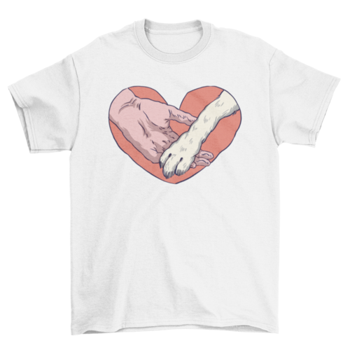 Animal paw and human hand in heart t-shirt
