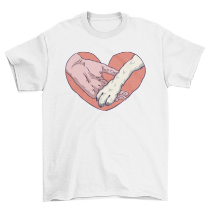 Animal paw and human hand in heart t-shirt