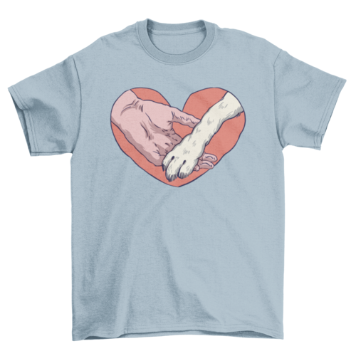 Animal paw and human hand in heart t-shirt