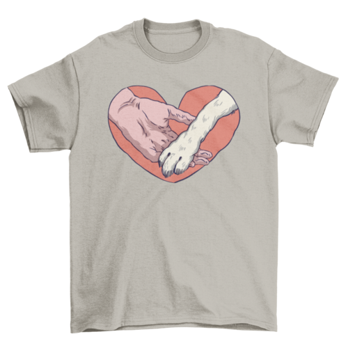 Animal paw and human hand in heart t-shirt