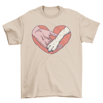 Animal paw and human hand in heart t-shirt