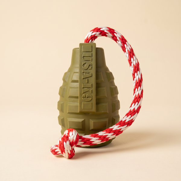 grenade-shaped rubber dog chew toy with rope — studio product photo
