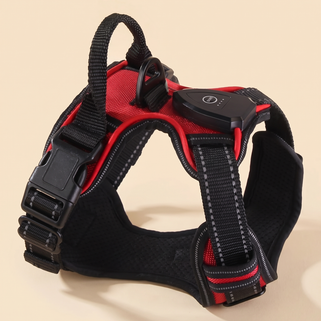 rechargeable LED no-pull dog harness with handle, no dog — studio product photo