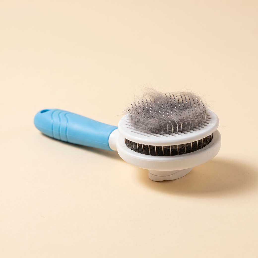 self-cleaning slicker grooming brush, no hands — studio product photo