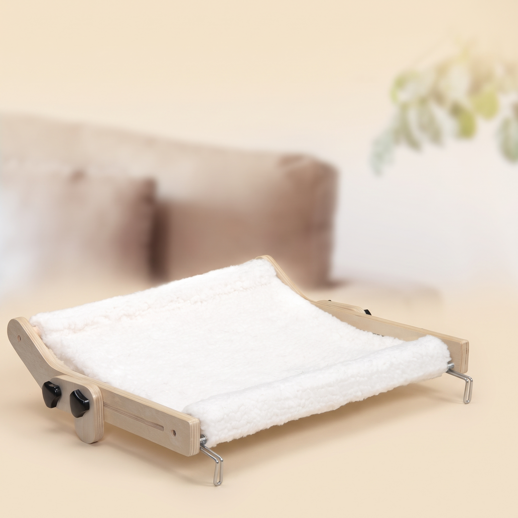 wooden cat window perch with plush hammock bed — studio product photo